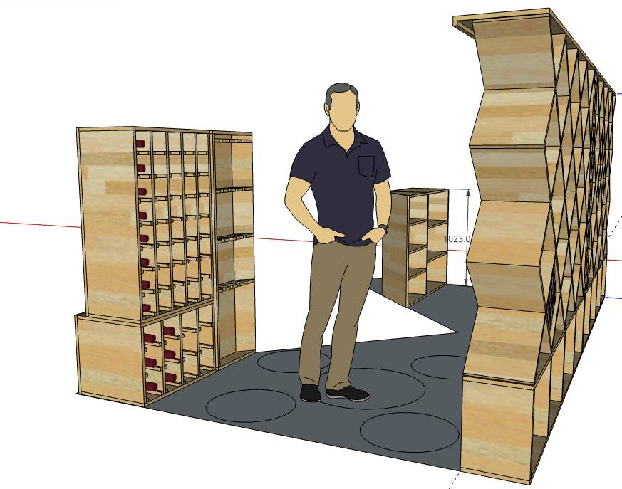 Projet 3D : cave à vin avec rangements muraux et îlot central