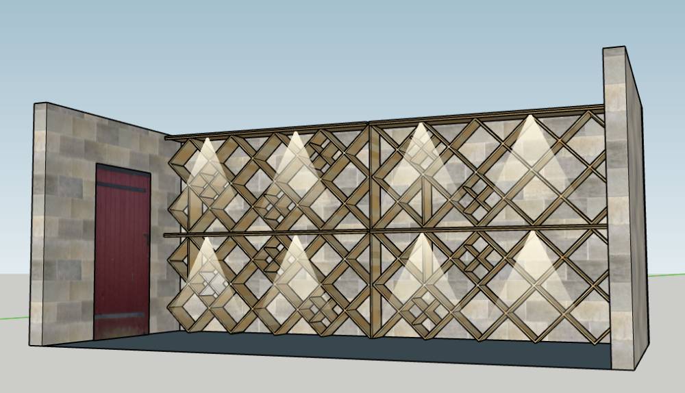 Projet 3D : mur de casiers en losange dans une cave aux murs de pierre